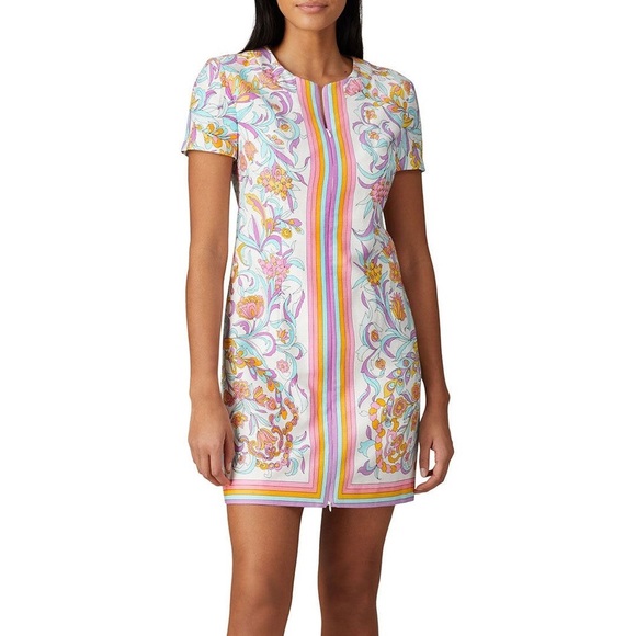 Trina Turk Floral Arboretum Mini Dress Short Sleeve Full Zip Front Size 6 Preppy - Picture 1 of 9